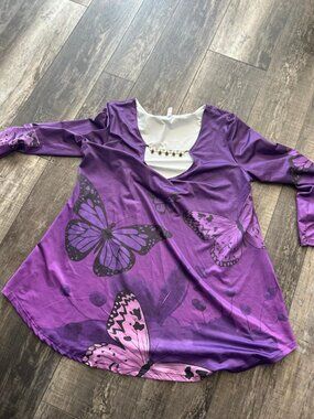 Purple Butterfly Top, Low Cut Long Sleeve Polyester XL NEW  BP2